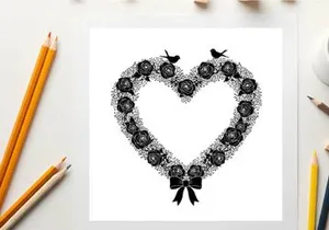 Heart shaped wreath silhouette with roses and birds