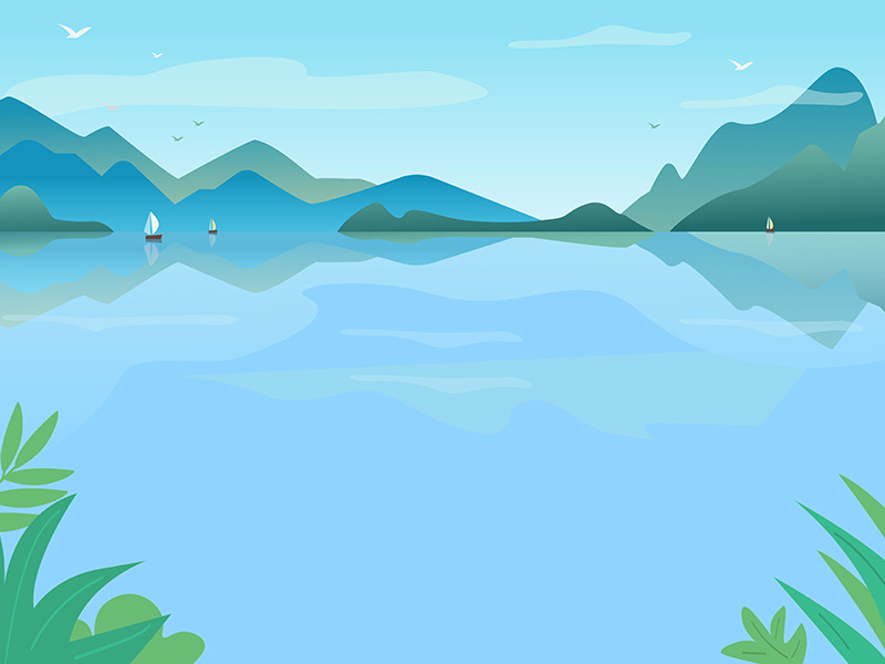 Lake with blue water flat color vector illustration