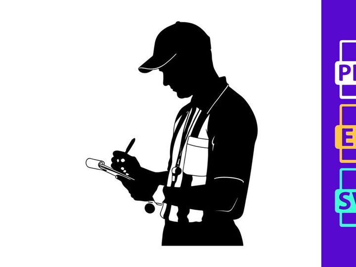 Silhouette of a man in a cap writing on a clipboard with a pen