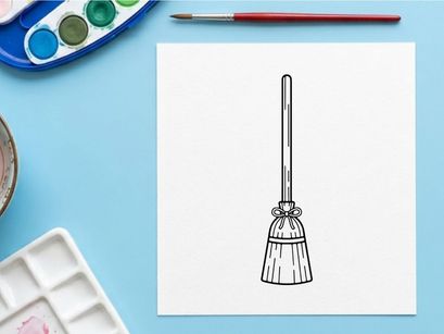 Ilustração de vassoura desenhada à mão para limpeza e tarefas domésticas. Arte vetorial de linha simples de uma ferramenta clássica de varrer com cabo de madeira.