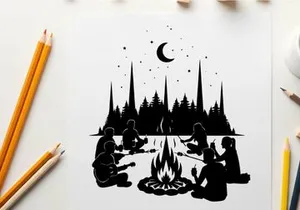 Silhouette of people sitting around campfire under crescent moon and stars at night