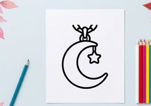 Hand-drawn Halloween crescent moon with antlers and star. Spooky night sky celestial symbol for seasonal decorations and crafts.