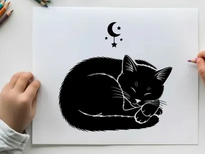 Sleeping cat silhouette under moonlight and stars