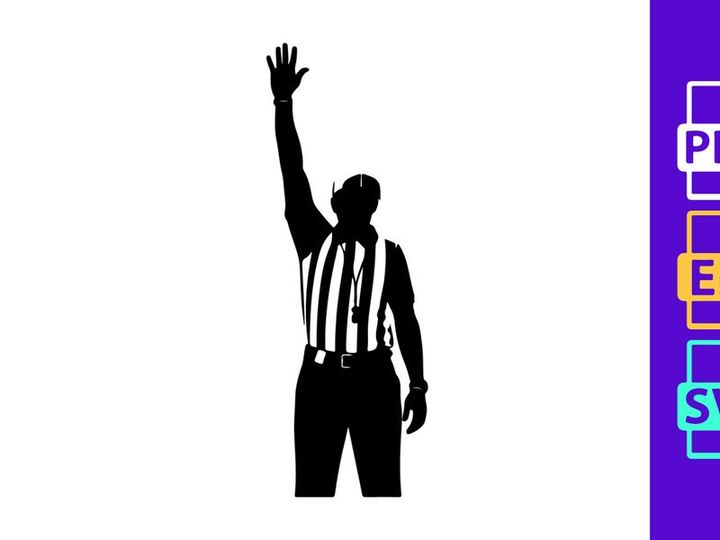 A black silhouette of a referee signaling a call in a sports game