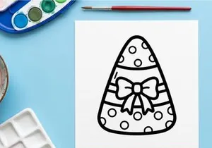 Candy corn coloring page for kids. Halloween festive treat outline with a cute bow.