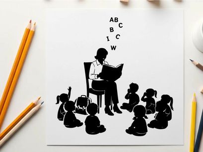 Silhouette of teacher reading to children in a classroom setting