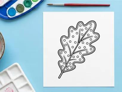 Oak leaf line art illustration. Hand drawn autumn foliage icon with polka dot pattern.