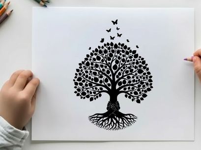 Silhouette of a tree with roots and butterflies flying away