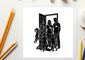 Family entering home with children running silhouette