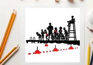 Silhouette of people on a dock with a lifeguard in a tower