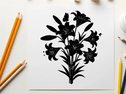 Silhouette of a bouquet of flowers with multiple blooms and leaves