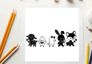 Silhouette of cute cartoon animals in a row