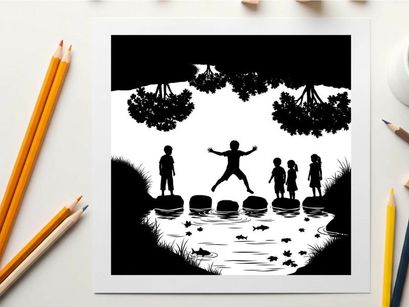Children playing on stepping stones in silhouette