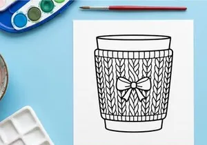 Christmas coffee cup with knitted cozy and bow line art illustration