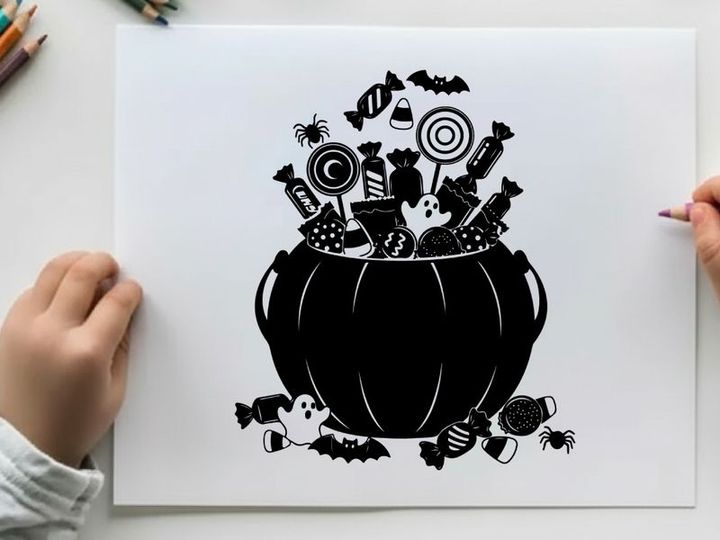 Halloween candy in a cauldron silhouette with treats