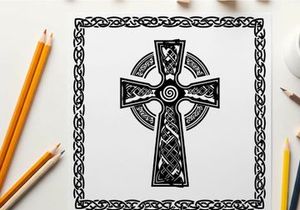 Celtic cross silhouette with intricate knotwork design and border