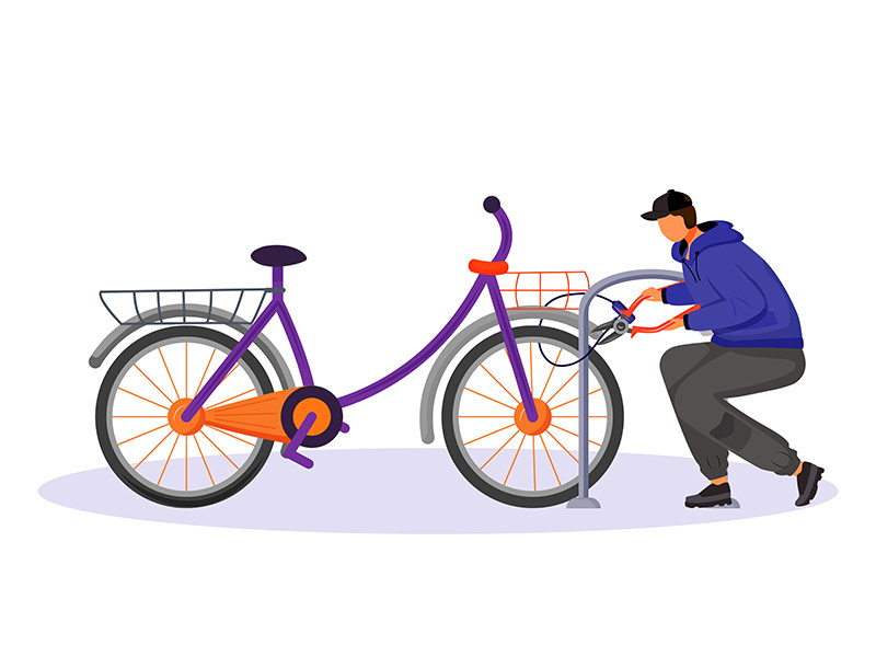 Guy stealing bicycle attached to bike rack flat color vector faceless character