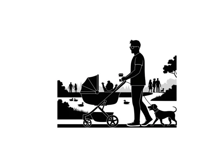 Silhouette of a man walking dog and pushing baby stroller in park