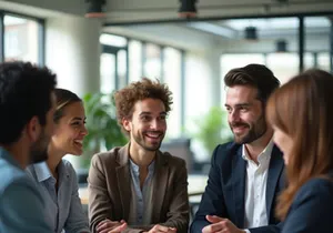 A diverse group of professionals collaborates during a meeting.