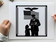 Patriotic silhouette of a veteran and child with american flag