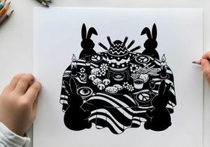 Peaceful silhouette of rabbits and symbols on table