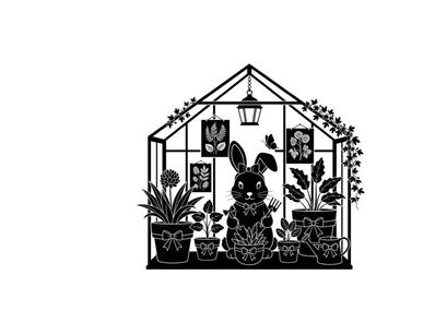 Silhouette of a rabbit in a greenhouse with plants and decorations silhouette
