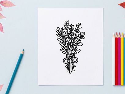 Hand drawn herb bouquet illustration. Sketch of fresh aromatic culinary herbs with twine.