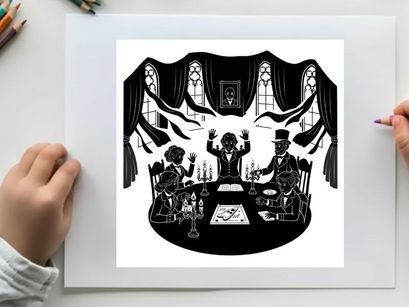 Silhouette of three people gathered around a ouija board in a dimly lit room