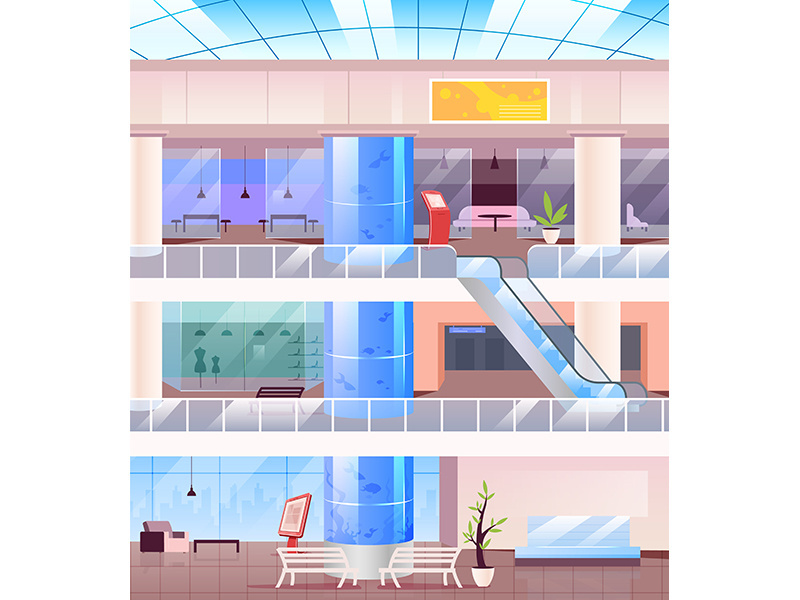 Inside shopping mall flat color vector illustration