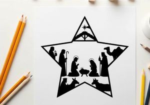 Nativity scene silhouette within a star shape christmas icon
