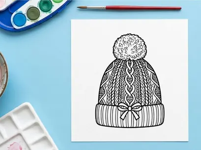 Hand-drawn winter knit hat with snowflake pattern and pom pom for festive holiday fashion