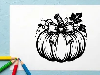 Labu hias dengan pita dan daun untuk dekorasi musim gugur atau Halloween