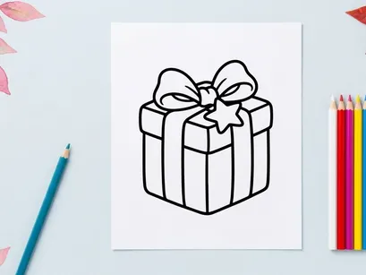 Ilustración de línea de caja de regalo navideña con un lazo decorativo y un icono de estrella.