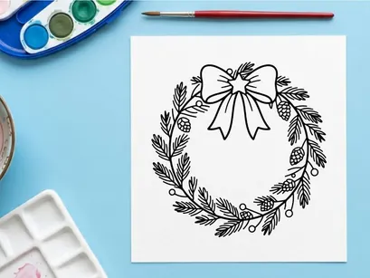 Christmas wreath line art drawing with pine cones and bow for holiday greeting card design