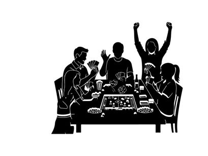 Silhouette of people playing board game with excitement and joy