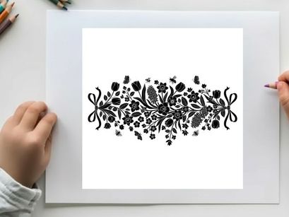 Intricate floral silhouette design with symmetrical patterns and bow motifs
