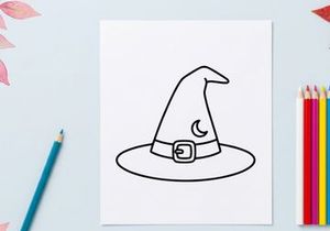 Minimalist witch hat icon for Halloween design. Simple black and white sorcerer hat illustration for party decor and branding.