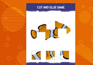 10 Pages Cut and glue game for kids with fish. Cutting practice for preschoolers. Education worksheet.