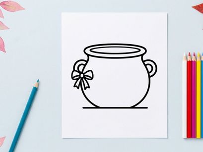 Icono de caldero de Halloween con un moño. Arte lineal de olla de bruja para proyectos de diseño festivo.