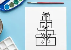 Stacked Christmas gift boxes with ribbons, holiday present icon in black and white line art.