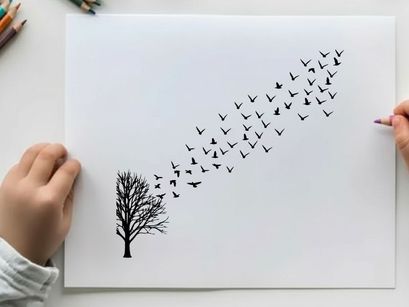 Silhouette of birds flying from tree on white and yellow background silhouette