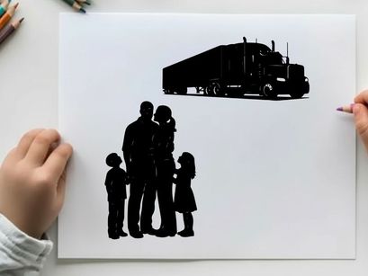 Silhouette of a family and a semi truck on a white background