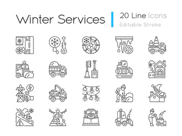 Snow removing services linear icons set preview picture