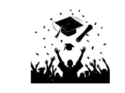 Graduation celebration silhouette with confetti and academic hats