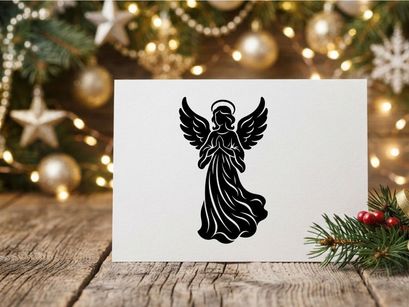 Black silhouette of a praying angel with wings, isolated on a white background.