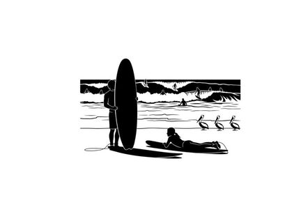 Silhouette of surfer and people at the beach with surfboard