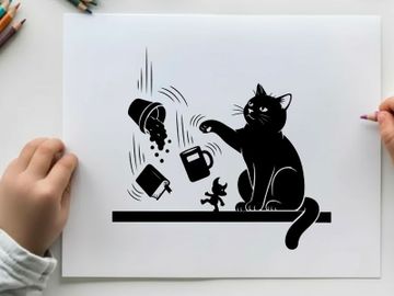 Mischievous silhouette cat causing chaos with spilled objects preview picture