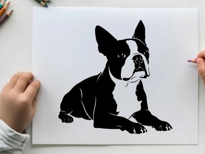 Silhouette of a boston terrier dog lying down peacefully