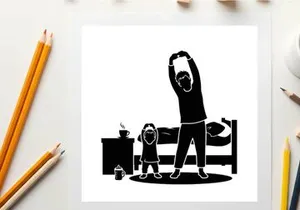Silhouette of a man and child stretching together at home