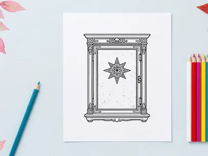 Christmas star inside a vintage wooden cabinet frame with ornate decorative details
